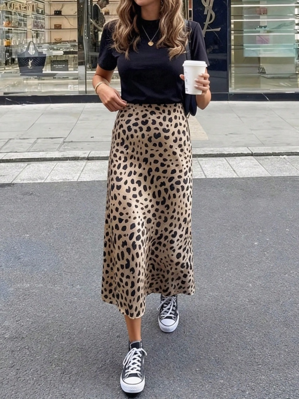 Cheetah Leopard Animal Print Tan Satin A-Line Skirt High Waisted